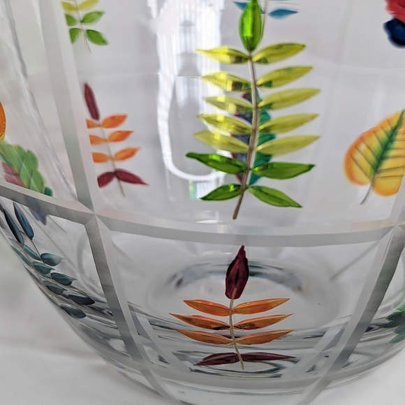 Romanian Crystal Bowl Hand Painted & Etched Leaves Beveled Squares Colorful Deco - Picture 8 of 16